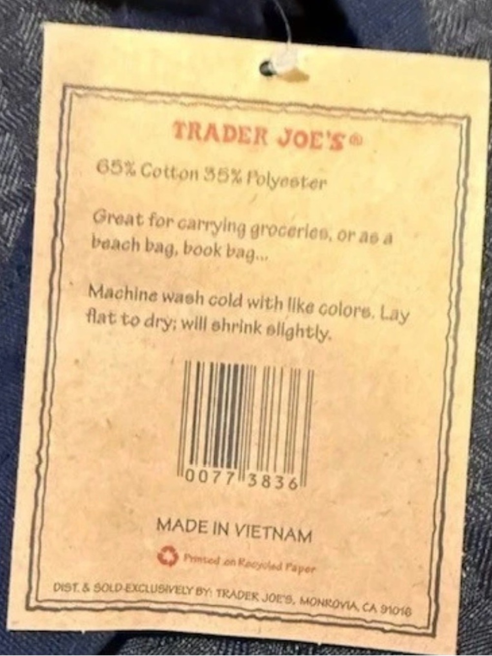 Trader Joe's Large Canvas Tote Bag Navy Cream Reusable NWT - Picture 5 of 5